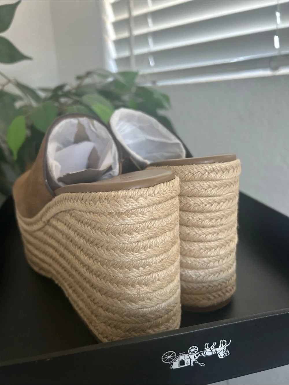 Coach Brown Suede Platform Espadrille Slides with Gold C Logo
